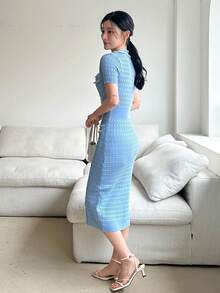 DAZY Women's V-Neck Single-Breasted Bodycon Party Knit Dress - Blue - View 7