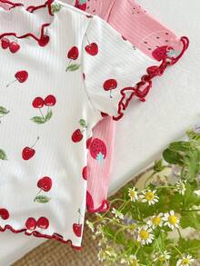 SHEIN 2pcs/Set Babygirl Cute Casual Versatile Strawberry & Cherry Print Short Sleeve T-Shirt - Multicolor - View 3
