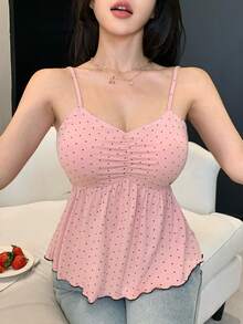 DAZY Polka Dot Print Ruched Chest Padded Camisole Top For Women - Pink - View 8