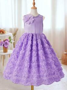 Vestido elegante de niña con flores 3D en púrpura, adecuado para fiestas y uso diario - Morado - Ver 4