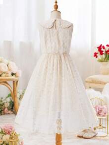 Summer Girls Lace Embroidery Pearl Collar Sleeveless Dress, Suitable For Parties, Gatherings, Birthdays, And Everyday Wear - Apricot - View 2