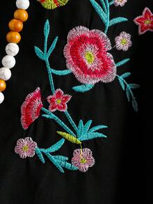 Linhara 大码女式花卉刺绣衬衫，复古休闲简约优雅日常穿着 - 黑色 - 查看 5