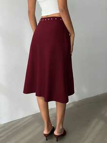 Aloruh 女士时尚优雅黄色条纹不对称超低腰条纹斜纹及膝修身喇叭裙，适合度假和日常穿着 - 酒紅色 - 查看 2