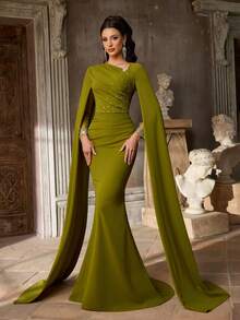 Aureia 优雅简约针织弹力缎面长袖喇叭袖褶裥设计收腰褶裥裹身裙不对称肩部飘逸风格女士晚礼服、正式礼服、鸡尾酒礼服 - 綠色 - 查看 5