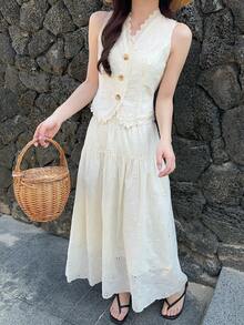 DAZY Women's Lace V-Neck Sleeveless Short Vest And Long Skirt Two Pieces Vacation Set - White - View 4