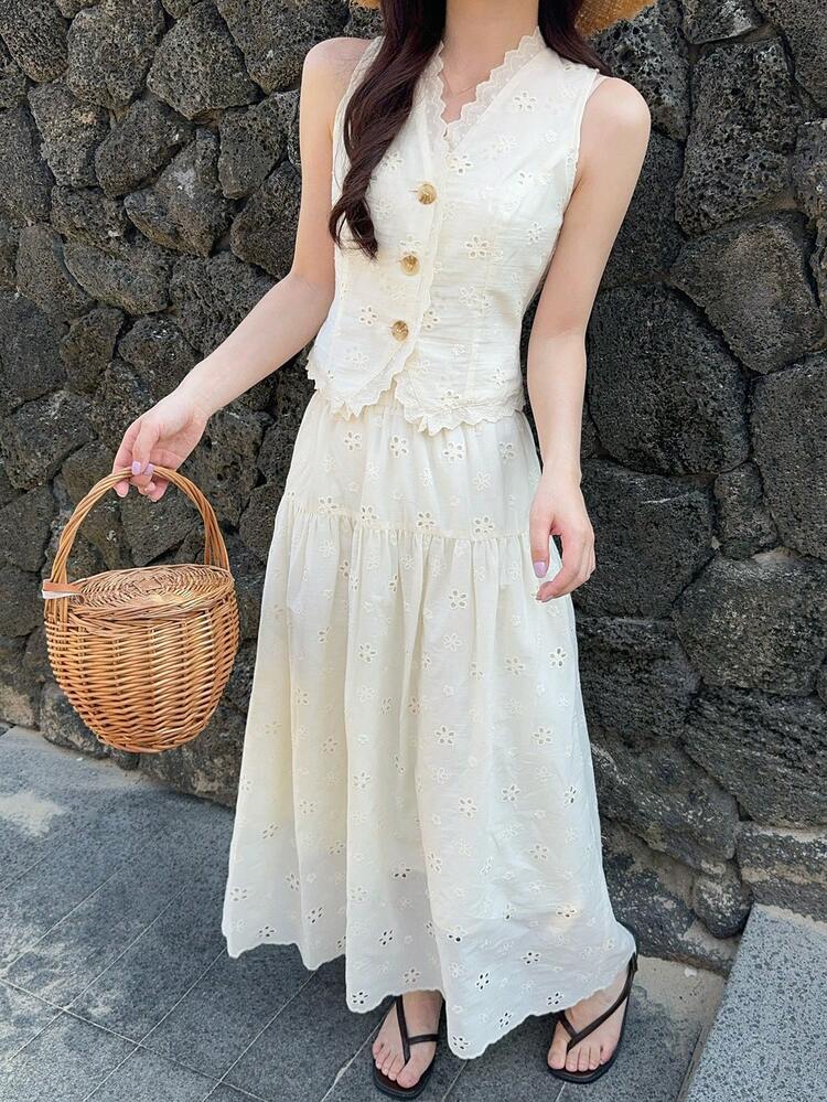 DAZY Conjunto de dos piezas de chaleco corto sin mangas con cuello en V de encaje y falda larga para vacaciones, conjunto de ropa de estar para mujer en verano - Blanco - Añade 4