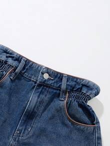 GlowEve 女士休闲时尚街头风日常通勤纸袋腰卷边水洗牛仔短裤，不含腰带 - 藍色 - 查看 7