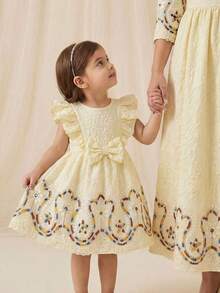 Glamorique Kids Baby Girls' Summer White Princess Style Bow Decor Ruffle Sleeve Dress, Elegant Floral Trim, Suitable For Outings, Photo Shoots, And Parties - Apricot - View 1