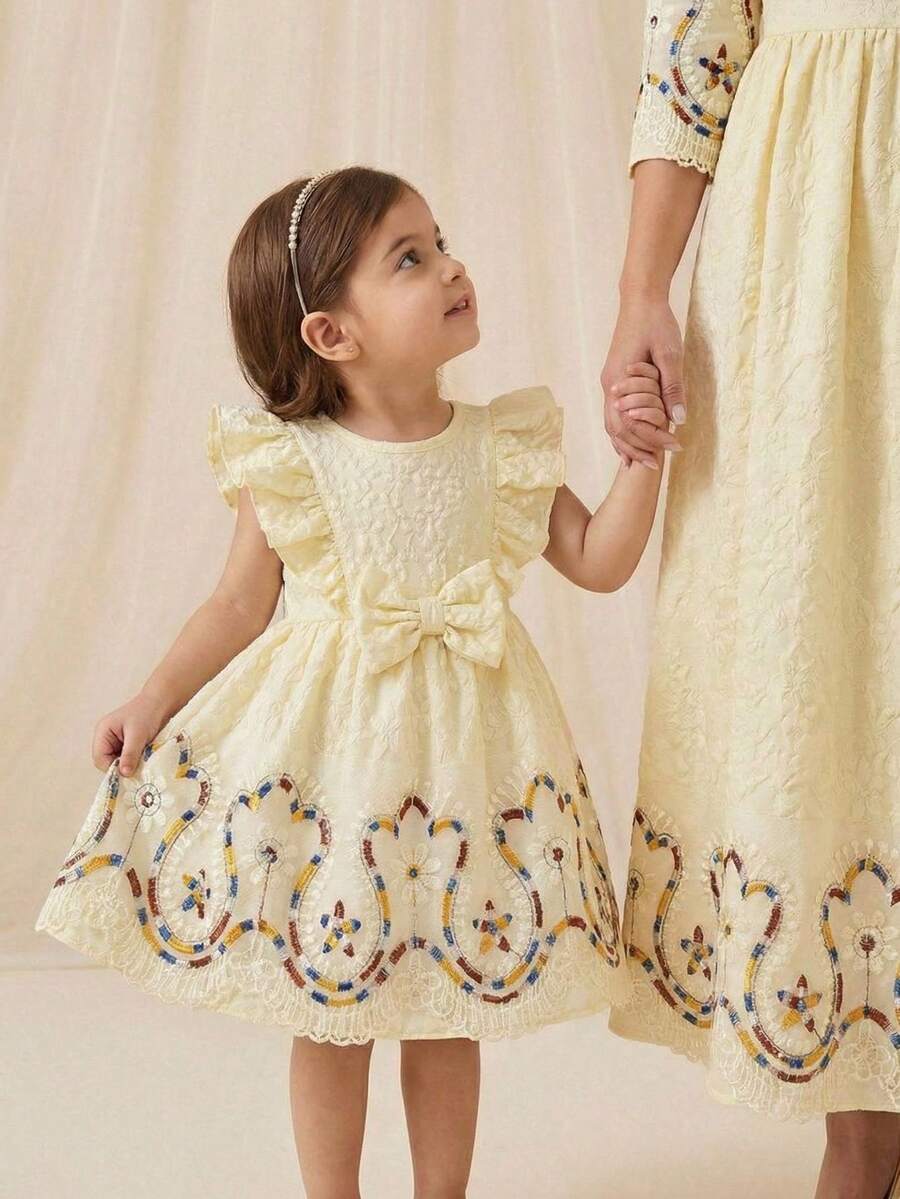 Glamorique Kids Baby Girls' Summer White Princess Style Bow Decor Ruffle Sleeve Dress, Elegant Floral Trim, Suitable For Outings, Photo Shoots, And Parties - Apricot - View 1