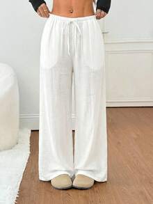 SHEIN PETITE Women's Black Solid Color Linen Low-Waist Straight-Leg Casual Pants, Suitable For Short Stature, Summer & Autumn - White - View 6