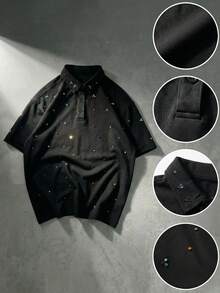 ROMWE MEN Áo Polo nam đính cườm dày dặn, cổ bẻ, tay ngắn, thích hợp mặc ngoài trời mùa hè và hàng ngày, phù hợp cho mùa xuân, thu và hè 2026. - màu đen - Xem 3