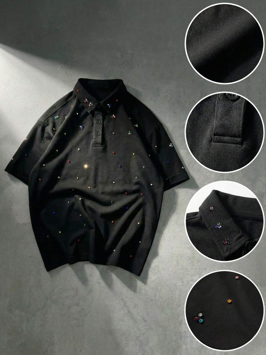 ROMWE MEN Áo Polo nam đính cườm dày dặn, cổ bẻ, tay ngắn, thích hợp mặc ngoài trời mùa hè và hàng ngày, phù hợp cho mùa xuân, thu và hè 2026. - màu đen - Xem 1