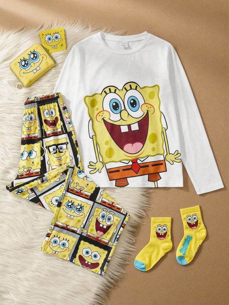 SpongeBob SquarePants | SHEIN Bộ đồ ngủ dài tay cổ tròn dáng rộng họa tiết hoạt hình dành cho bé trai tuổi teen, thích hợp mùa thu/đông. - trắng - Xem 1