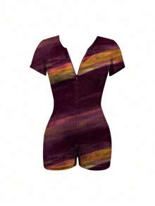 SHEIN EZwear Bộ đồ liền thân thường ngày tay ngắn có khóa kéo phía trước dành cho nữ - Màu tím  Violet - Xem 6