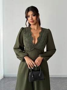 Elenzga 大码女式新款蕾丝拼接V领休闲宽松连体裤，长袖优雅连体裤，适合春夏穿着，松紧腰带 - 綠色 - 查看 8