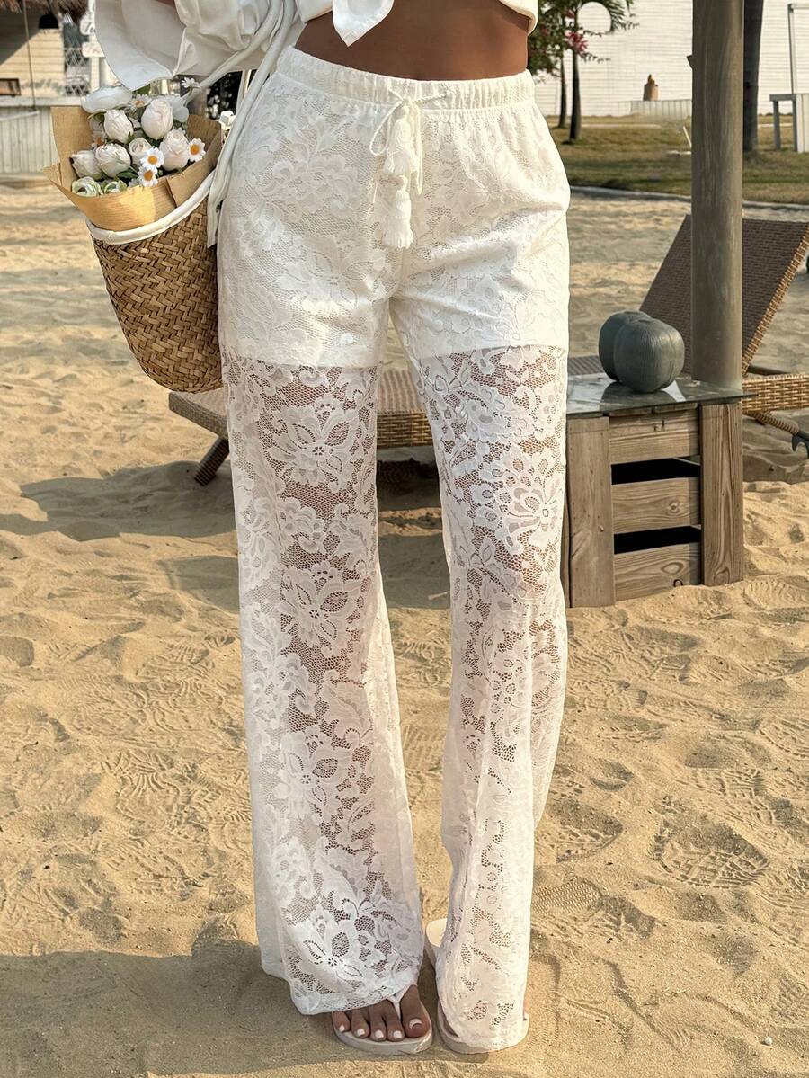Livesso 女士休闲沙滩度假风抽绳腰带透视蕾丝阔腿裤 - 白色 - 查看 1