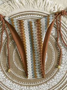 Swim Vcay Summer Women 2pcs Crochet Knitted Rope Halter Neck Triangle Bikini Set With Side Tie Swim Shorts - Multicolor - View 4