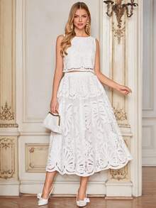 Amorya Bộ đồ 2 món dành cho nữ, màu trơn, chất liệu ren tan trong nước, gồm áo vest và chân váy. - trắng - Xem 8