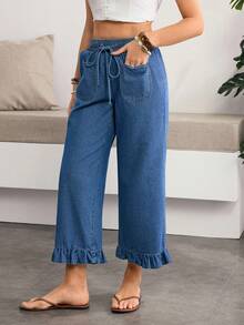 Breezaya 女士松紧腰系带荷叶边牛仔裤 - 藍色 - 查看 3