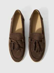 Sleekvia Cómodas y elegantes mocasines casuales de ante color café con diseño de lazo y borlas, adecuados para ir al trabajo, actividades al aire libre, viajes, compras y uso diario - Café integral - Ver 2
