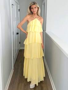 Sydney Algeri Elegant Romantic Wedding Guest Solid Halter Tiered Chiffon Maxi Dress - Yellow - View 4