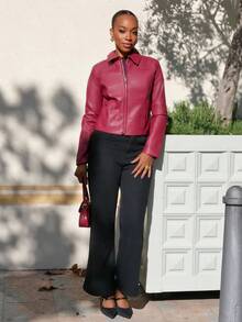 Yess Loren 秋冬女士纯色简约翻领长袖拉链红色 PU 皮夹克 - 酒紅色 - 查看 6