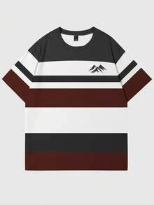 Manfinity Homme 男士休闲撞色山峰印花圆领短袖T恤，夏季 - 彩色 - 查看 6