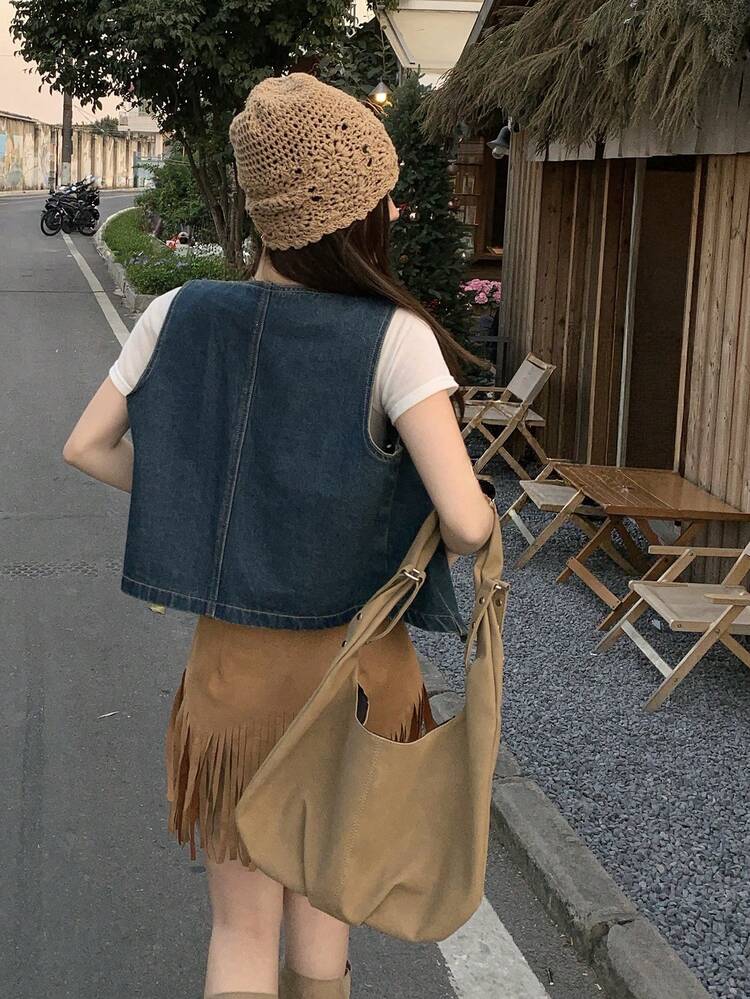 Women's Layered Washed Denim Top, Chic Korean Street Style