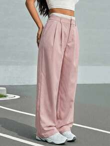 SHEIN EZwear Quần tây nữ ống rộng xếp ly kẻ sọc với cạp quần phối màu, màu hồng nhạt. - Màu Hồng baby - Xem 1