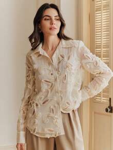 Anewsta Spring High-End Chic Blouse Design With Beaded Floral Sequin Chiffon Long Sleeve Stand Collar Women Shirt - Apricot - View 4