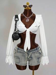 Mistrie Women's Fashion Sexy White Pleated Design Sleeve Bell Shirt - White - View 1
