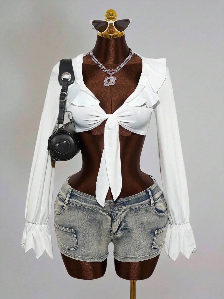 Mistrie Women's Fashion Sexy White Pleated Design Sleeve Bell Shirt - White - View 1