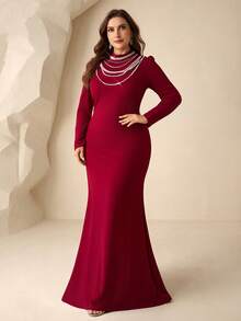 Coutiva Plus Size Women's Stand Collar Faux Pearl Chain Decor Fitted Mermaid Hem Elegant Formal Evening Gown (Embellished) Long Red Dress Burgundy Dress For Women Winter Dresses For Women Dress Modest Red Maternity Dress Valentines Dress Elegant Dress Sequin Dress Pink Red Dress Floral Dress  Graduation Ceremony, School Opening, Music Festival, Birthday Party, Wedding, Afternoon Tea Gathering, Ball - Burgundy - View 7