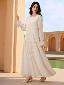 Graceveil Đầm dài tay màu trơn, cổ tròn, eo thon, dáng ôm, thanh lịch dành cho nữ. - Màu be - Xem 8