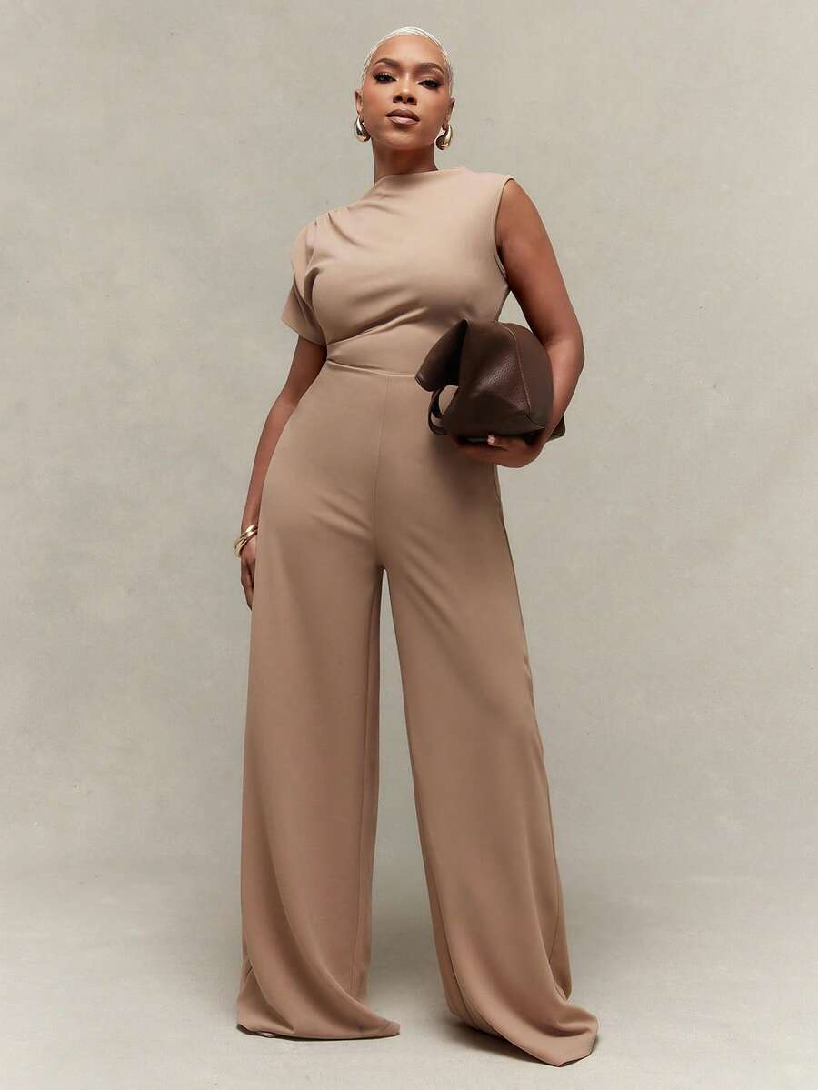 Vixey Textured Jersey Asymmetrical Sleeve Wide Leg Jumpsuit - Camel - View 1
