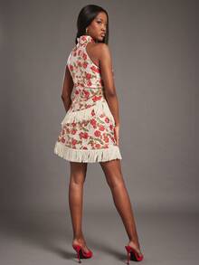 NYA SZN Gonna Stella a vita alta, a-line, con frange, motivo floreale, aderente, rossa e beige, adatta per occasioni festive, tropicali, floreali, di Pasqua, per climi caldi, feste, occasioni speciali, uscite, matrimoni, festa di nascità, compleanni, festival, appuntamenti, casual, elegante, primavera, estate, vacanze, viaggi, eventi di lusso, festa, lunghezza mini, per donne - Multicolore - Visualizzare 2