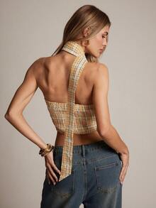 Hauture 格子缎带露背修身性感短款上衣 - 黃色 - 查看 2