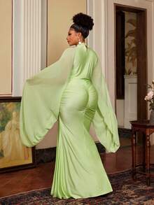Maweii Plus Size Women's Lime Green High Neck Cape Sleeve Ruched Bodycon Maxi Dress, Elegant Fit For Spring & Summer Wedding Guest & Party Outings - Green - View 2