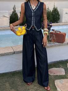 DAZY Women's Casual Denim Vest And Jeans Set, Summer - Blue - View 3