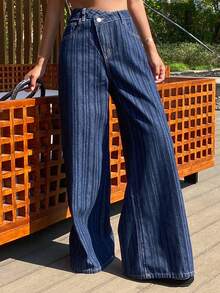 DAZY Women's Criss-Cross Waist Striped Vacation Jeans - Blue - View 7