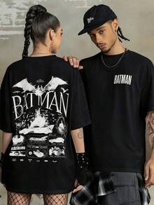 BATMAN X SHEIN Men's Casual Bat Print Short Sleeve T-Shirt, Summer - Black - View 4