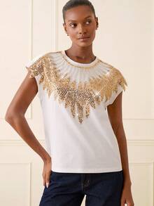 Lilora Women's Elegant Summer White And Gold Sequin Embellished Cotton T-Shirt,Flower Collar Round Neck Short Sleeve Top,Perfect For Birthday Party & Commute - White - View 6