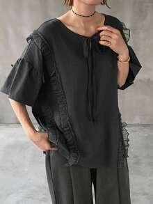 FRIFUL Women's Round Neck Multi-Layer Mesh Patchwork Loose Lantern Sleeve Shirt With Bow Tie Collar - Grey - View 3