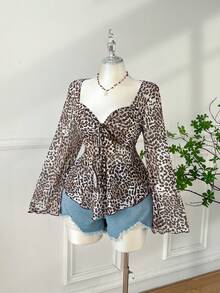 Comfortcana Áo nữ cỡ lớn in họa tiết da báo cổ điển tay phồng cổ vuông, thích hợp cho mùa Thu/Đông. - Nhiều màu - Xem 5