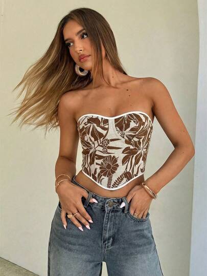 Aloruh Women's Floral Jacquard Asymmetric Hem Shaping Bandeau Top For Vacation