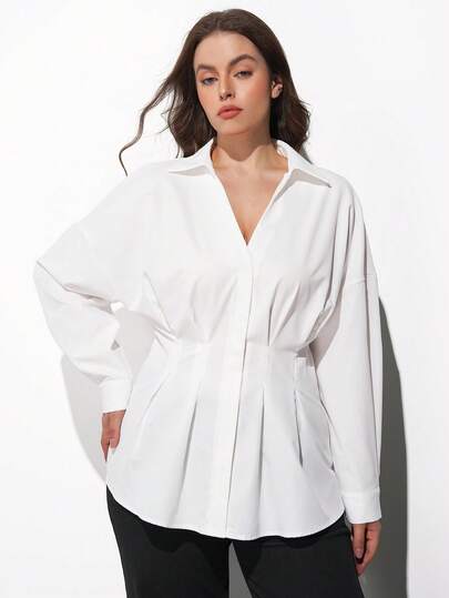 Plus Size 2026 New Early Spring Colorblock Long Sleeve V-Neck Design Waist Cinched Women Shirt, Suitable For Modern Urban Party, Back To School Season, Casual Minimalist Fashion For Daily, Bohemian Style, Vacation, Holiday, Spring  St Patrick's Day Women Easter Summer Outfits Easter Dress Women Party Top Beach Dress Summer Holiday Outfits Each Vacation Outfits For Women  Summer Outfit For Women Going Out Outfits Graduation Graduation Outfit  Casual Dresses  Casual Blouses For Women