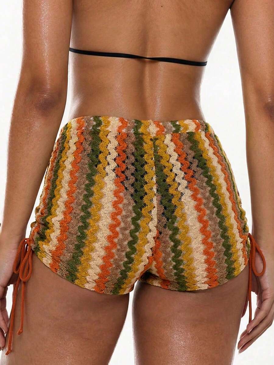 Swim Vcay 2026 Spring/Summer Colorful Crochet Fabric Side Ruched Drawstring Waist Women's Bikini Bottom - Multicolor - View 1