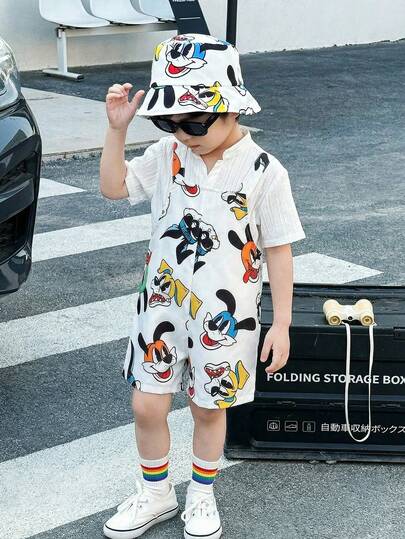 2pcs Cute Rabbit Overalls & Bucket Hat Set, Suitable For Young Boys Casual Clothing, Daily Wear, School, Travel, Sports, Spring/Summer,Toddler Boy Clothes,Toddler