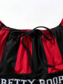 Betty Boop x SHEIN 女士条纹卡通图案修身T恤 - 紅色和黑色 - 查看 3