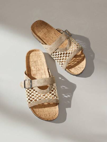 Solecia Women's Woven Slip-On Sandals, Slip-On Buckle Decor, Open Toe, Backless, Comfortable Minimalist Design, Khaki Color, Suitable For Vacation, Commute And Casual Wear